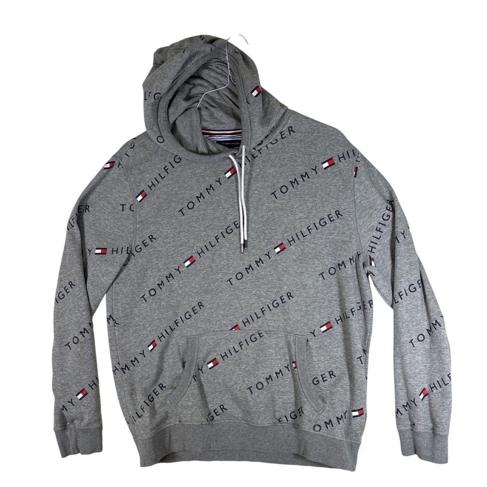 Tommy Hilfiger Mens XL Gray All Over Logo Print Pullover Hoodie Sweatshirt
